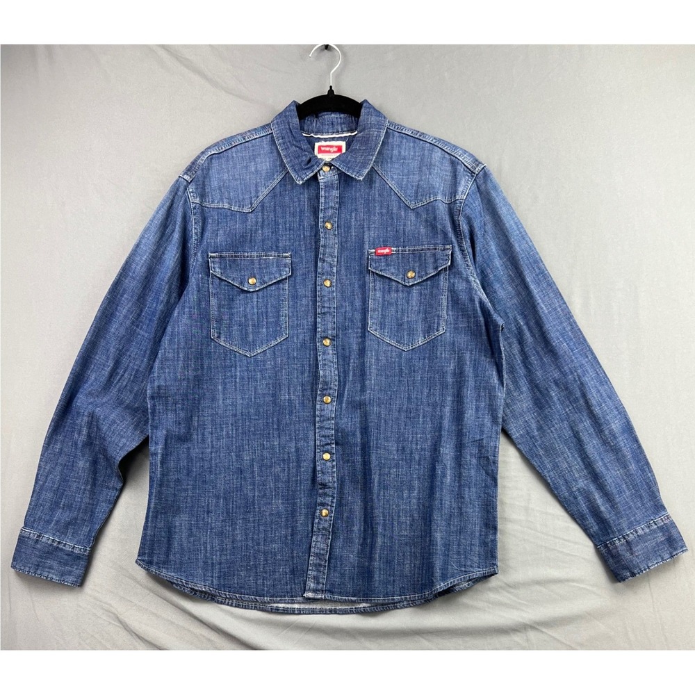Wrangler Denim Western Shirt Mens Large Blue Pearl Snap Long Sleeve Excellent